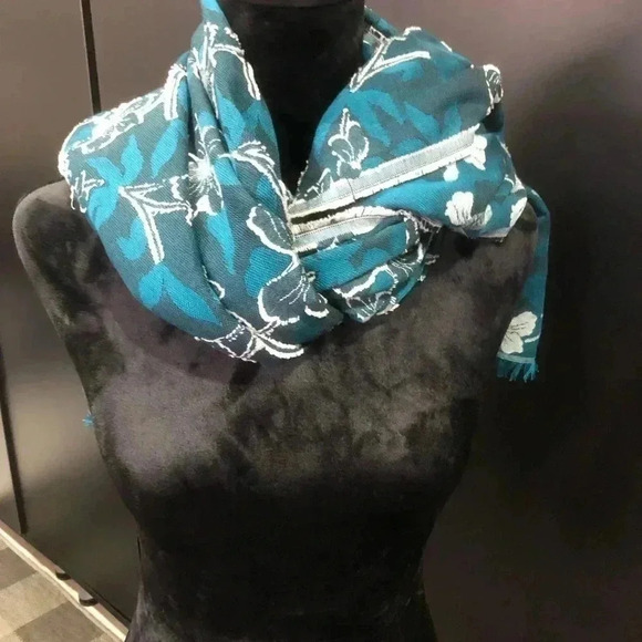 Ann Taylor Wrap/scarf, fringe trim, oversized,Dark Aqua/blue/gray - Picture 8 of 8